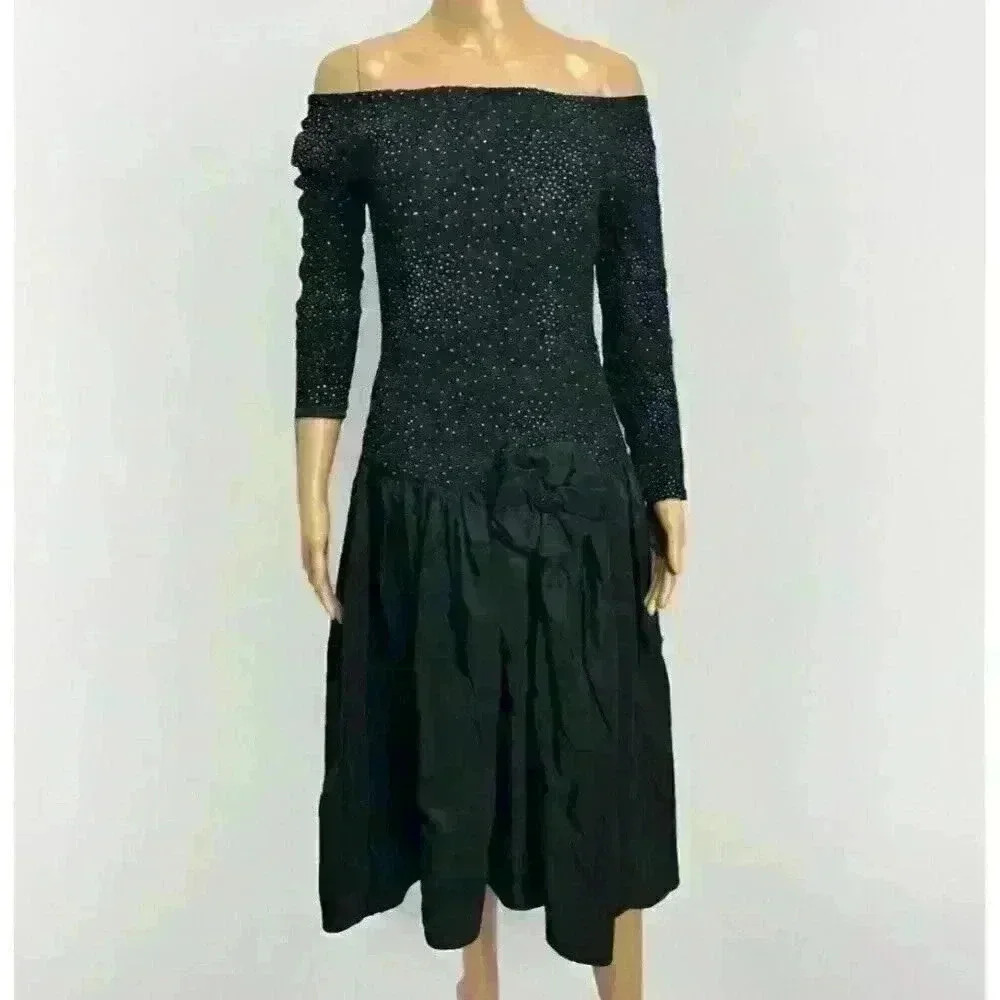VTG RARE Ted Lapidus Paris‎ 80s Beaded Cocktail Dress Gown Sz 8 Off Shoulder EUC